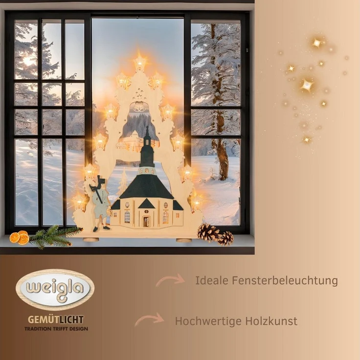 Weigla Lichterbogen Seiffener Kirche, große Lichterspitze aus Holz, Made in Germany (1-tlg), Erzgebirge garantiert, Weihnachtsdeko Innen, Weihnachtsbeleuchtung – Bild 3