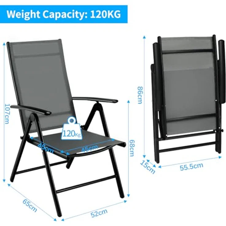Clevich Gartenstühle Alu 2er Set, Gartenstuhl Hochlehner Klappbar mit 7-Fach Verstellbar Rückenlehne, Balkonstühle bis 120kg, Leicht Campingstühle, Ergonomisch Atmungsaktiv und komfortabel, Dunkelgrau – Bild 3