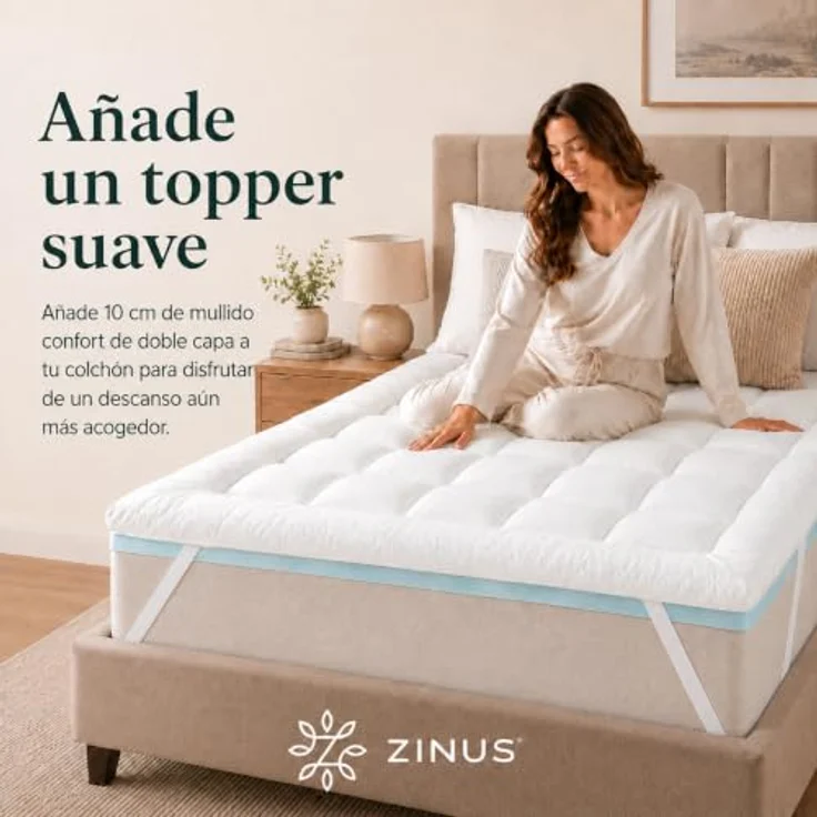 Zinus Mattress Topper, Polyester, Weiß, 190 x 135 cm | Zweilagig, weich, gepolstert und atmungsaktiv mit 4 elastischen Bändern – Bild 3
