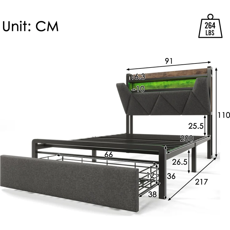 Polsterbett Leinen mit Stauraum-Kopfteil, LED & USB-Anschluss, Schublade, 91x217x110 cm, Grau, ohne Matratze – Bild 10