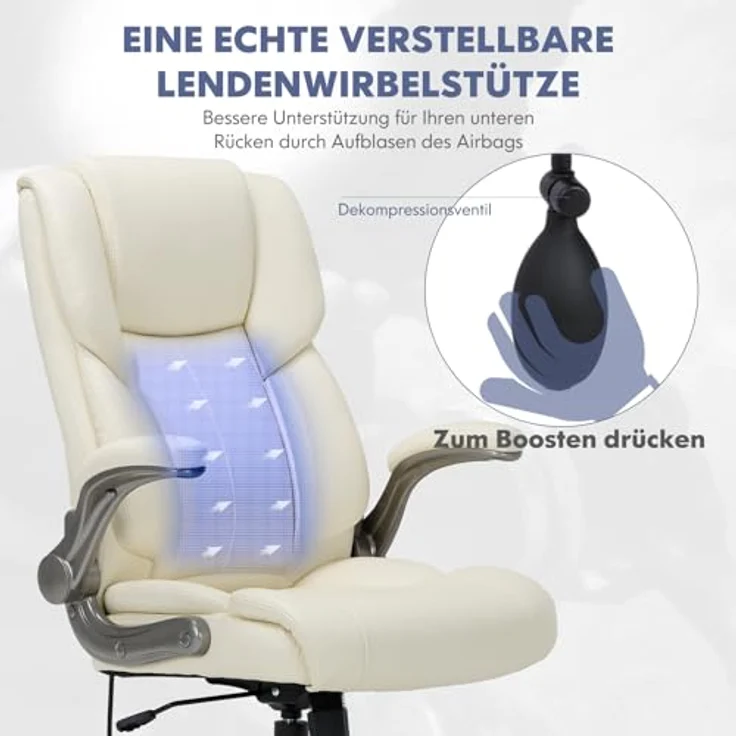 COLAMY Bürostuhl Ergonomisch, Chefsessel mit Hoher Rückenlehne, Schreibtischstuhl Lederstuhl mit Gepolsterten Klapparmlehnen, Verstellbarer Neigungsverschluss, Drehstuhl für Erwachsene, Elfenbein – Bild 5