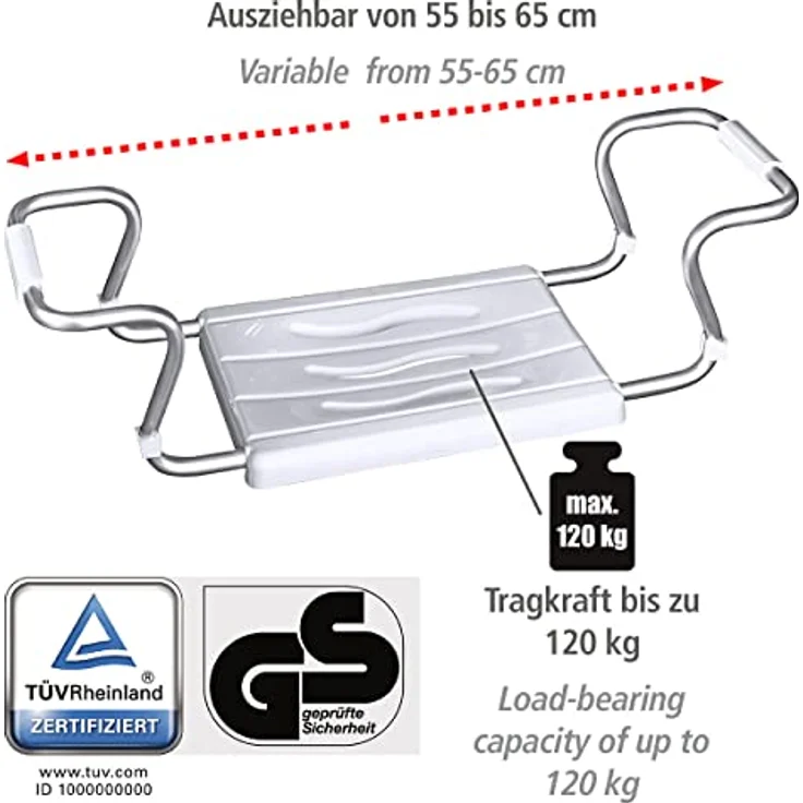 WENKO Badewannensitz Secura, ausziehbar von 55-65 cm, rostfreies Aluminium, bis zu 120 kg Tragkraft, Weiß – Bild 2