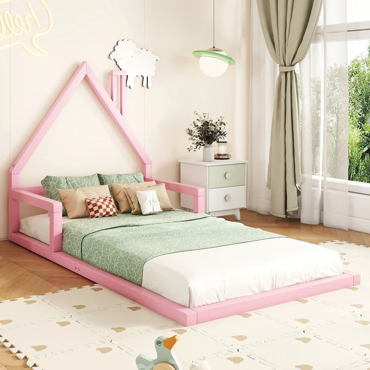 Bett 90x200 cm Hausform aus Kiefer massiv in Rosa – kindgerechtes, schlichtes Design – Bild 4