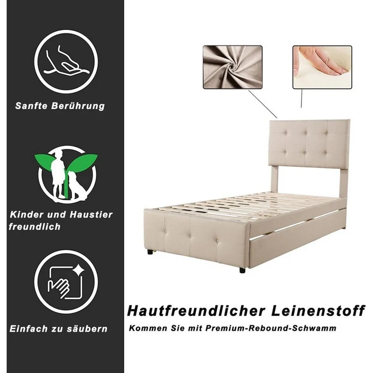 Flieks Polsterbett, Einzelbett 90x200 cm mit verstellbarem Kopfteil/ Ausziehbett 90x190 cm – Bild 3