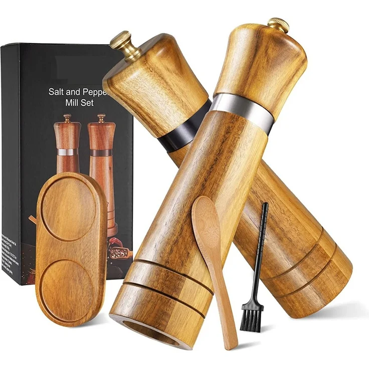 DELIPOP – Salz und Pfeffermühle Holz, 22cm Manuelle Gewürzmühle 2er Set mit verstellbarem Keramikmahlwerk und untersetzer - 5,5x5,5x22cm - Braun – Bild 1