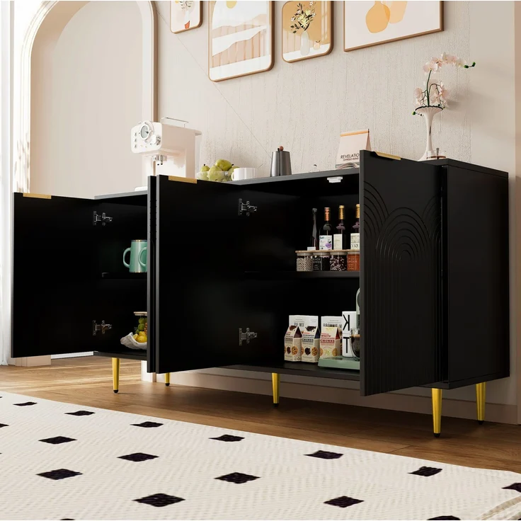 DESVIAE Sideboard mit 4 Türen und verstellbaren Einlegeböden 160x80x40 cm MDF Spanplatte Schwarz – Bild 4