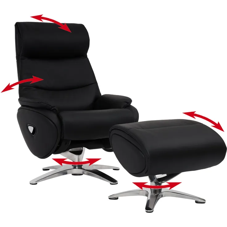 Relaxsessel mit Hocker HWC-K98, Fernsehsessel Sessel, Liegefunktion drehbar, Metall Echtleder/Kunstleder ~ schwarz