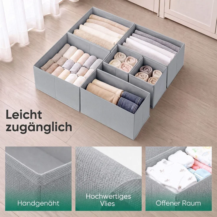 Sekey Aufbewahrungsboxen Set aus Vliesstoff Faltbare Stoffboxen als Organizer für Schrank und Kleiderschrank Hellgrau S(28x28x13cm/14x28x13cm/14x14x13cm) 6 Stück – Bild 5