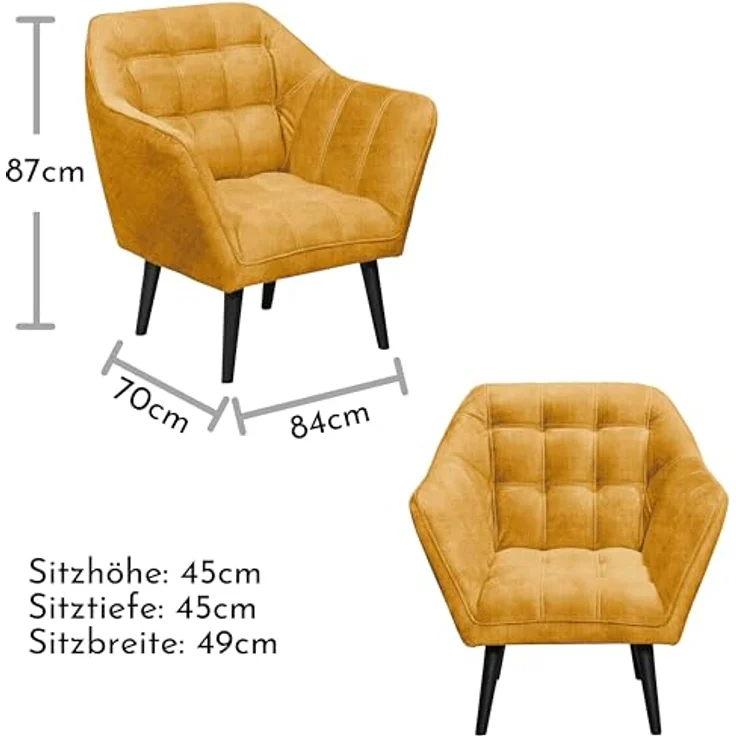 MAX Loungesessel mit Armlehnen, Amber - Bequemer Sessel gepolstert mit schwarzen Massivholz Füßen für Esszimmer & Wohnzimmer - 84 x 87 x 70 cm (B/H/T) – Bild 4