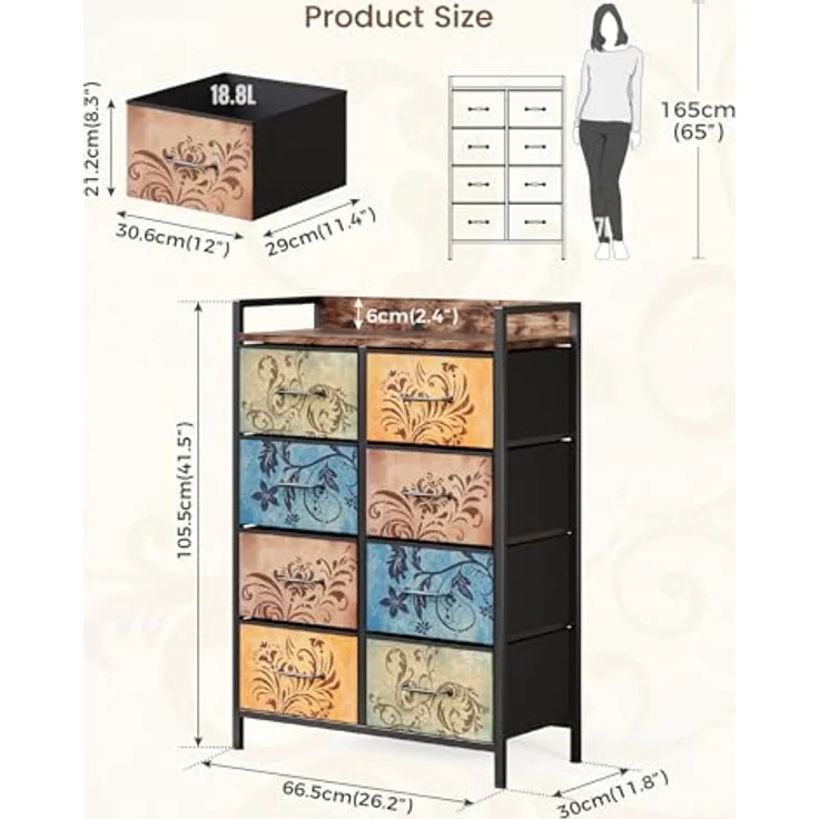 Mondeer Kommode mit 8 Schubladen, Schubladenschrank aus Vintage-Blumenmotiv Stoff Metallrahmen Rustikales, für Wohnzimmer Schlafzimmer Flur, 66.5 x 30 x 105.5 cm, Vintagebraun – Bild 4