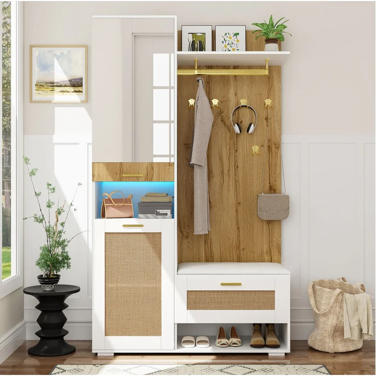 Großer Garderobenschrank mit Spiegel, LED-Beleuchtung 16 Farben, Rattan-Optik Türen, Sitzbank & viel Stauraum für Flur und Eingangsbereich – Bild 4