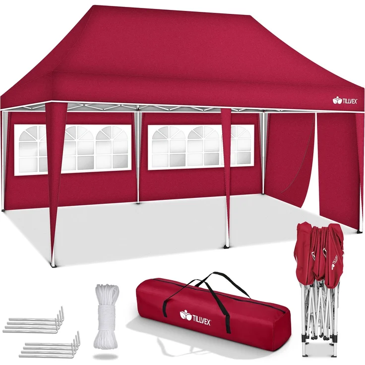 tillvex Pavillon 3x6m - mit 3 Seitenwänden Rot wasserdicht | Pop-Up Faltpavillon höhenverstellbar | Gartenzelt UV Schutz 50+ | Partyzelt mit Tasche für Garten – Bild 6