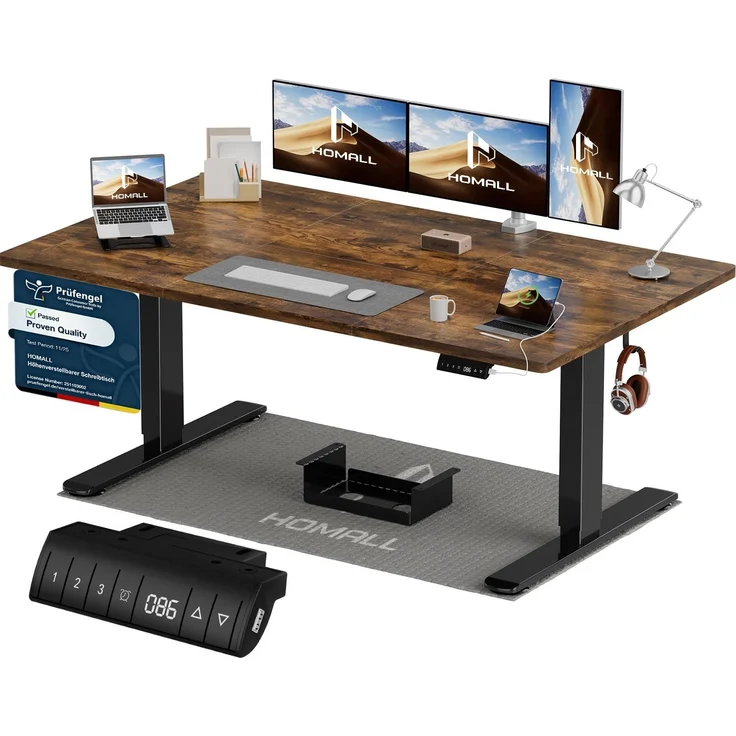 Homall Höhenverstellbarer Schreibtisch 140x70 cm mit USB-A Ladeanschluss, Elektrischer Schreibtisch mit Kabel Management Tray, Standing Desk mit 3 Memory Funktion, Computertisch Braun