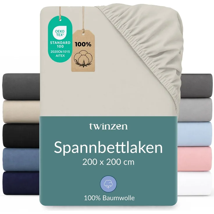 Twinzen Spannbettlaken Baumwoll-Jersey 200x200 Beige Steghöhe 30 cm