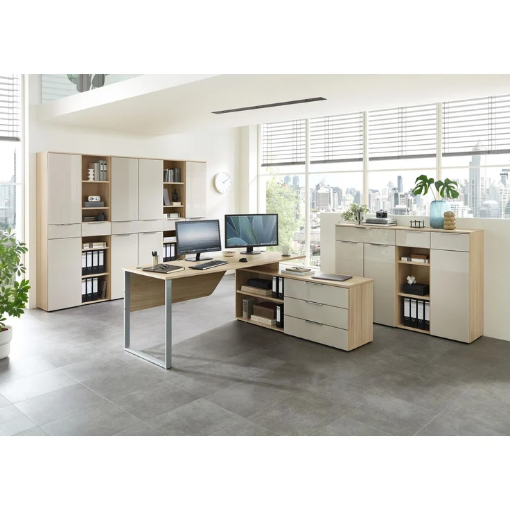 Komplettbüro SANTORIN II Riva Eiche & Glas Cashmere 9-teilig – Bild 1