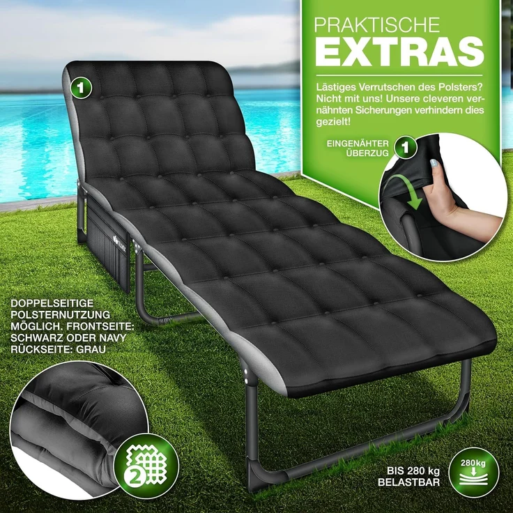 tillvex® Campingbett klappbar Schwarz mit Seitentasche & Nackenkissen bis 280 kg | Campingliege Sonnenliege mit Polster | Feldbett Outdoor & Indoor | Klappbett Gästebett faltbar Garten Camping Festival Reise – Bild 6