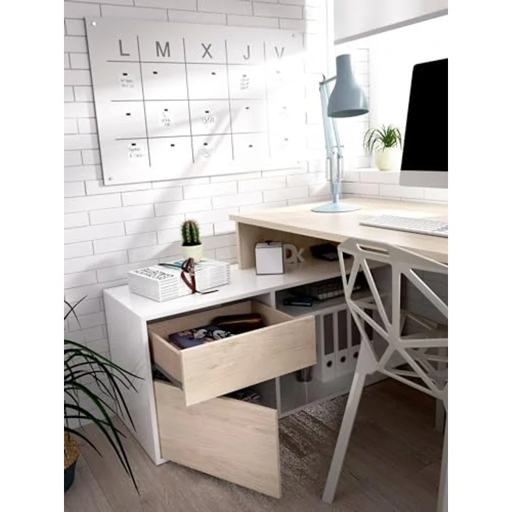 Dmora - Gardena-Schreibtisch, Schreibtisch mit Mehreren Positionen für das Büro oder Schlafzimmer, Mehrzweck-Ecktisch, 139 x 92 x 75 cm, Weiß und Eiche – Bild 8