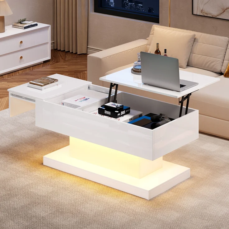 Couchtisch, mit hydraulischem Lift, schiebbarer Platte & LED-Beleuchtung, 100x50x45 cm, Weiß – Bild 4