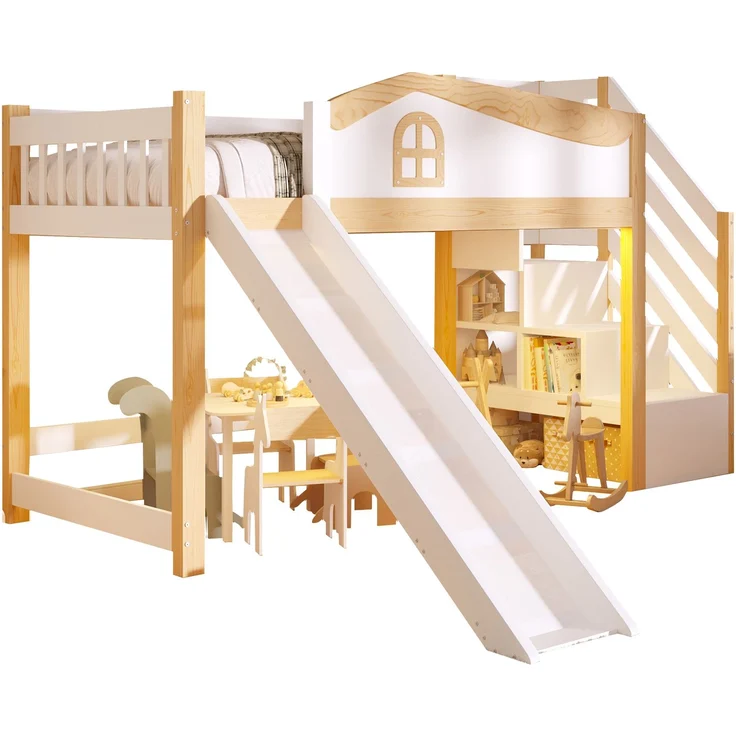 Halbhohes Bett, 90x200cm, Sicherheitsgeländer, Stauraumleiter, Rutsche, mit LED-Lichtleiste, Weiß – Bild 8