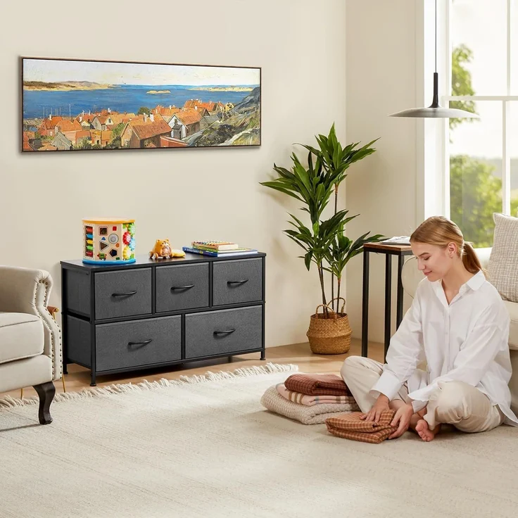 Sweetcrispy Kommode,Sideboard Wohnzimmer für Schlafzimmer mit 5 Stoffschubladen,Einstellbare Füße Schubladenschrank,Komodenschrank für Schlafzimmer,Modernes Grau – Bild 2