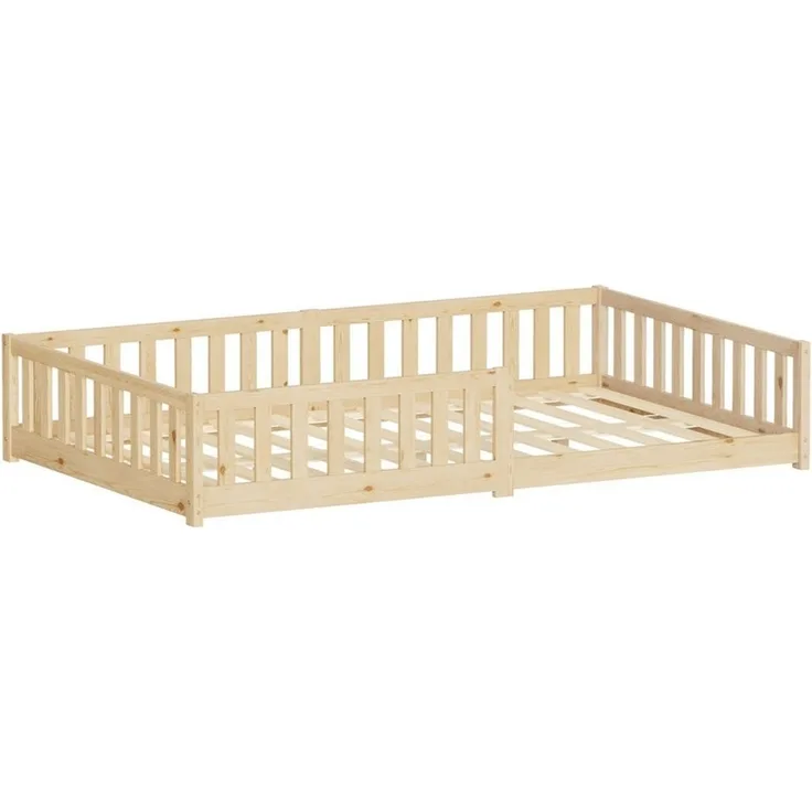 ML-DESIGN Spielbett Bodenbett Holzbett mit Lattenrost & Rausfallschutz Jugendbett Babybett, Abenteuerbett 120x200cm Natur Kinderbett Bettgestell ohne Matratze