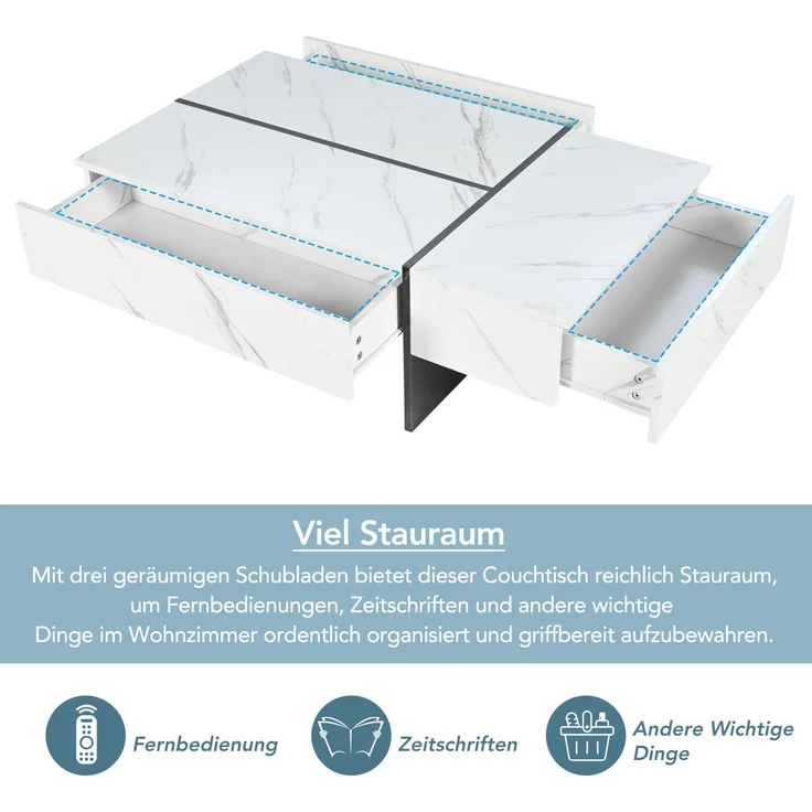 Couchtisch 105x60x35 cm mit 3 Schubladen und LED – Wohnzimmertisch in Weiß mit Hochglanzplatte – Bild 9
