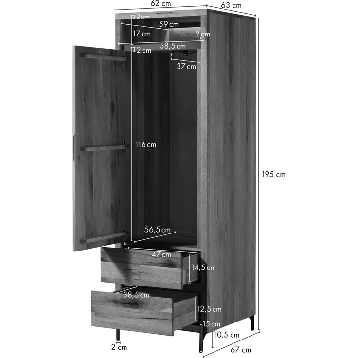 Garderobenschrank Wild-/Zerreiche 62x67x195 natur geölt MONTREUX LUX #135 – Bild 11