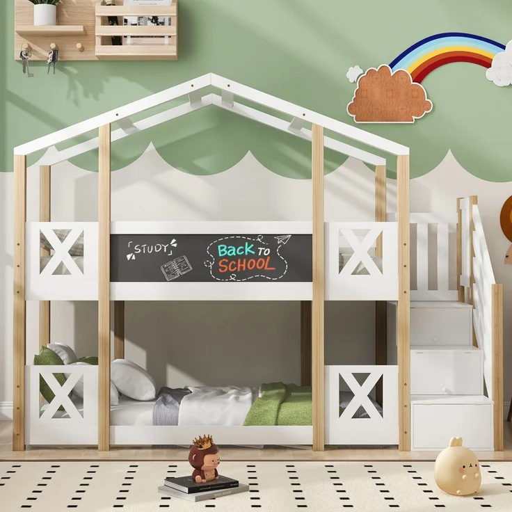 Etagenbett 90 x 200 cm,Kinderbett Baumhaus mit Treppe Stauraum und Rausfallschutz, Hochbett für Kinder– 2x Lattenrost- Natur & Weiß – Bild 3