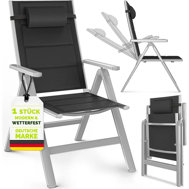 tillvex Gartenstuhl mit Polster Premium 1 Stück Silber klappbar aus Aluminium | Hochlehner mit Armlehnen | Klappstuhl verstellbar | Klappsessel Balkon Garten Terrasse – Bild 1