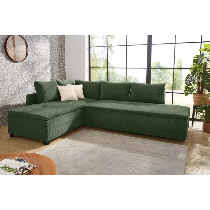 Ecksofa-Dauerschläfer Doppelbett Federkern Bettkasten Regal Couch in Cord Grün – Bild 2