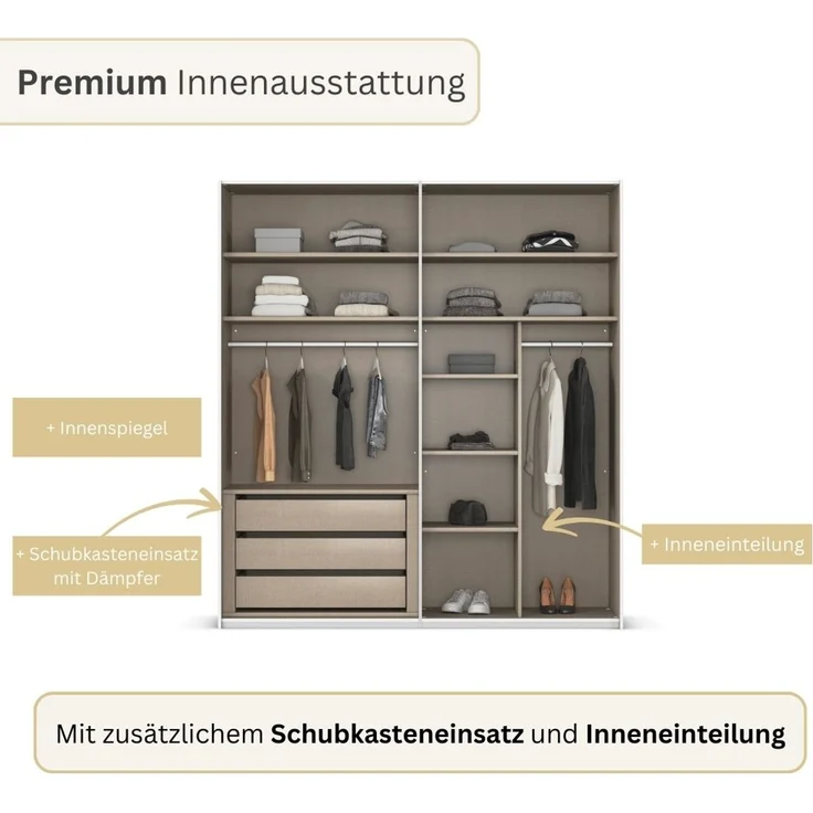 rauch Montclar Kleiderschrank 4-türig, mit 7 Einlegeböden, 2 Kleiderstangen, 1 Schubkasteneinsatz, 1 Inneneinteilung, 1 Innenspiegel, Farbe Schwarz, BxHxT 201x223x60 cm – Bild 8