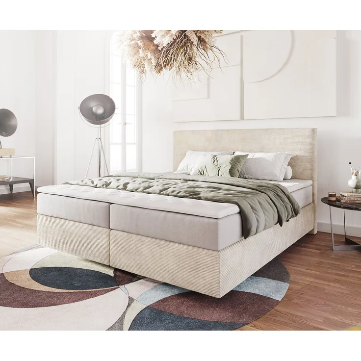 Boxspringbett Dream-Well 180x200 cm Cord Beige mit Taschenfederkernmatratze und Topper Visco