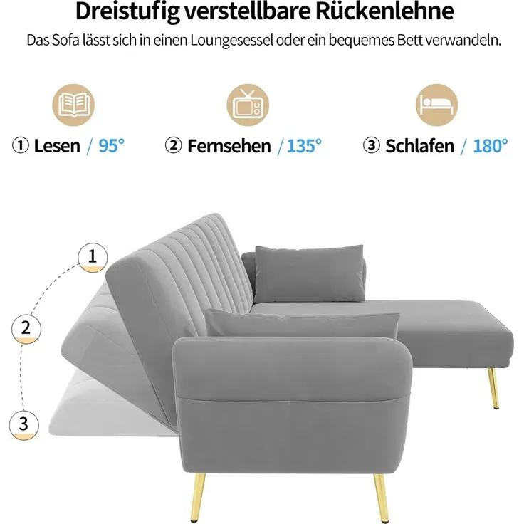 Ecksofa mit Relaxfunktion, L-Form, Schlafsofa mit Verstellbarer Rückenlehne, Polstersofa, Loungesofa, Samtbezug – Bild 6