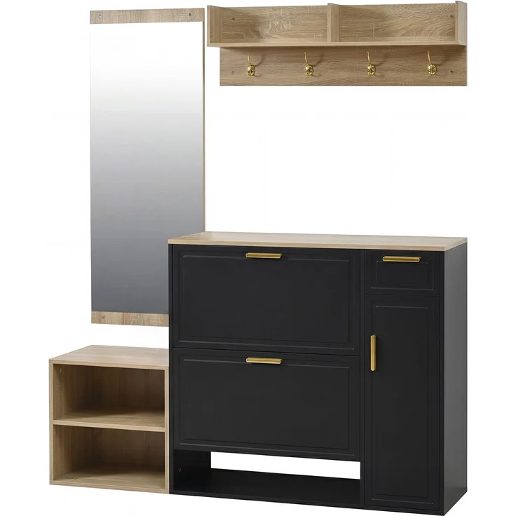 CHICFURN Schrank 4-tlg. 139,5x166x35 cm mit Schuhschrank und Sitzbank – Garderoben-Set in Natur/Schwarz – Bild 8