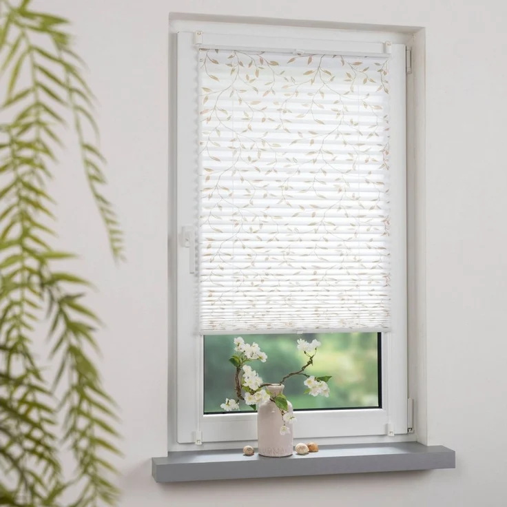 Liedeco Plissee Klemmfix-Plissee verspannt, Druck Blätter, blickdicht, ohne Bohren, verspannt, Klemmfix, Bedrucktes Plissee mit Blattmotiv – Bild 1