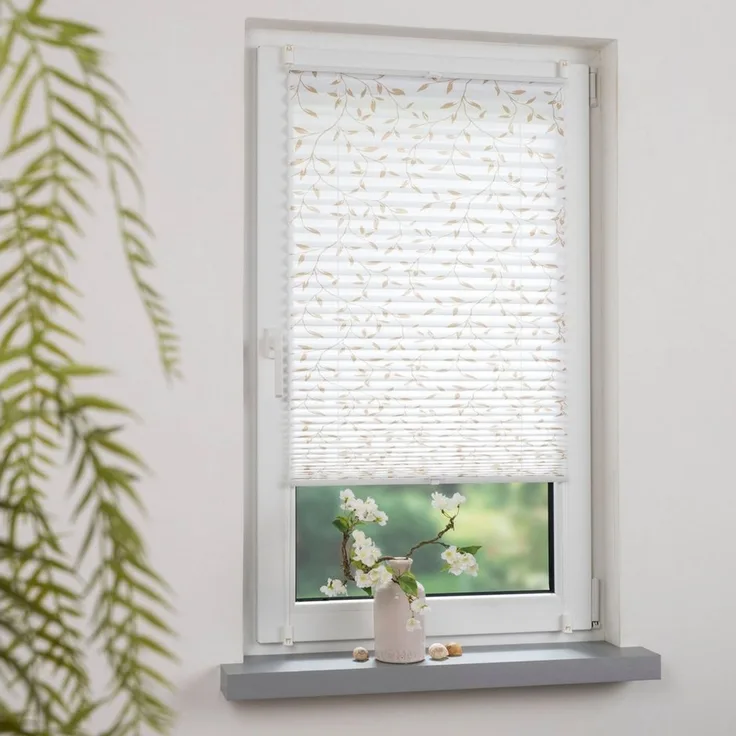 Liedeco Plissee Klemmfix-Plissee verspannt, Druck Blätter, blickdicht, ohne Bohren, verspannt, Klemmfix, Bedrucktes Plissee mit Blattmotiv