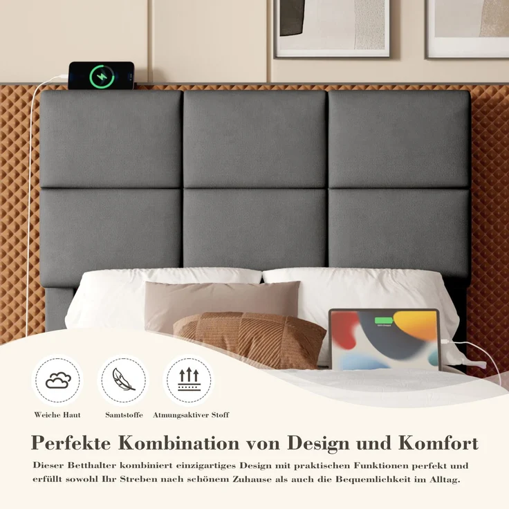 TavilaEcon Boxspringbett Modernes Polsterbett mit höhenverstellbarem Kopfteil & LED-Beleuchtung grau Liegefläche 90 × 200 cm – Bild 8