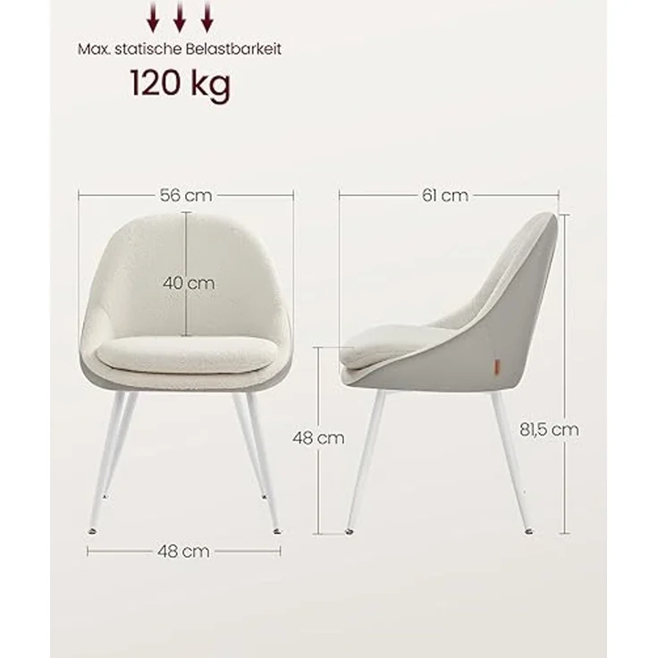 VASAGLE Esszimmerstuhl 4er Set, Küchenstuhl, bis 120 kg belastbar, Kissen mit 5,5 cm dickem Schaumstoff gepolstert, nach außen stehende Beine, für Büro Wohnzimmer, cremeweiß-wolkenweiß KDCDE184W14 – Bild 3
