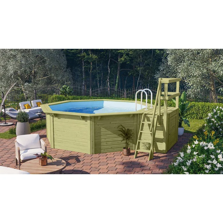 Achteck-Pool X1 400x400 cm Holz kdi mit Terrasse, Set mit Filter+Skimmer