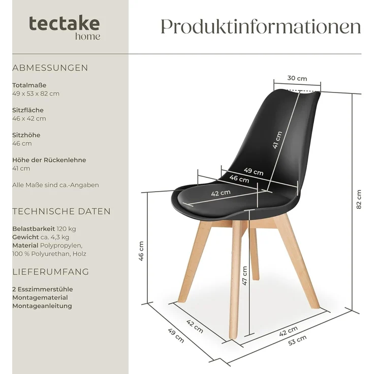 tectake Esszimmerstuhl Küchenstuhl Scandi-Design, gepolsterte Sitzfläche, 49 x 53 x 82 cm (Polsterstuhl Frederikke in schwarz, 6 St), ergonomische Form, massive Holzbeine, bodenschonende Filzgleiter – Bild 3
