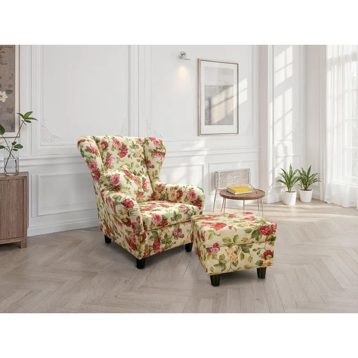 Ohrensessel mit Hocker Landhaus Polster-, TV-, Lesesessel Blumenmuster-Samtstoff – Bild 2