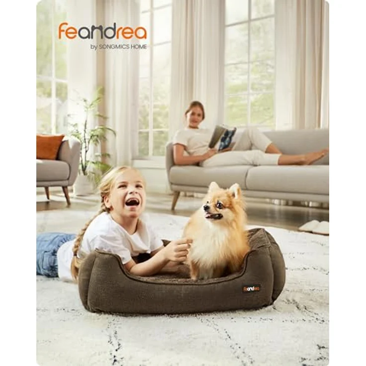Feandrea Hundebett, Hundekissen in Leinenoptik, Hundekorb, erhöhte Ränder, rutschfeste Unterseite, Bezug abnehmbar waschbar, M, für kleine Hunde, 70 x 55 x 21 cm, braun PGW10CC – Bild 3