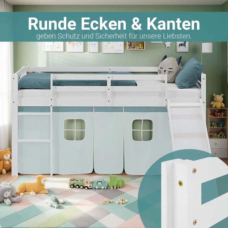 Hochbett Kinder 90x200 cm mit Rutsche Kinderbett Kinderhochbett Stockbett Vorhang Grün Mintgrün Leiter Holz Massiv – Bild 8