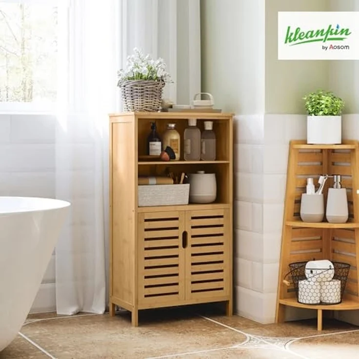 Kleankin Badkommode Unterschrank aus Bambus Lamellentüren (Badschrank, 1 St, Badezimmerschrank), Naturholz, 50 x 29 x 92 cm – Bild 2