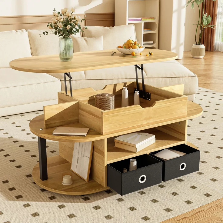 Couchtisch mit Hebefunktion Holzmaserung Schwarz Multifunktion Arbeitstisch & Stauraum – Bild 5