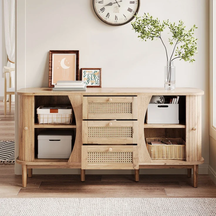Merax Sideboard, Rattan, mit Schiebetüren, verstellbaren Einlegeböden und abgerundeter Platte, Holzfarbe, 76 x 140,5 x 40 cm – Bild 6