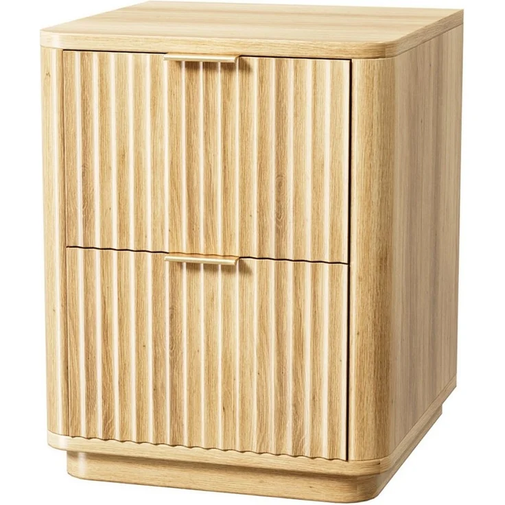 VINGLI Nachttisch 2 Schublade, mit geriffelten Türen, 45,6 x 35 x 61 cm, Eiche/Nussbaum, Nachtschrank, Beistelltisch modern, goldener Griff, abgerundete Kanten – Bild 1