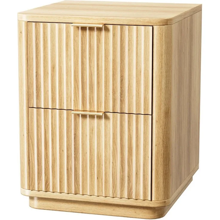 VINGLI Nachttisch 2 Schublade, mit geriffelten Türen, 45,6 x 35 x 61 cm, Eiche/Nussbaum, Nachtschrank, Beistelltisch modern, goldener Griff, abgerundete Kanten