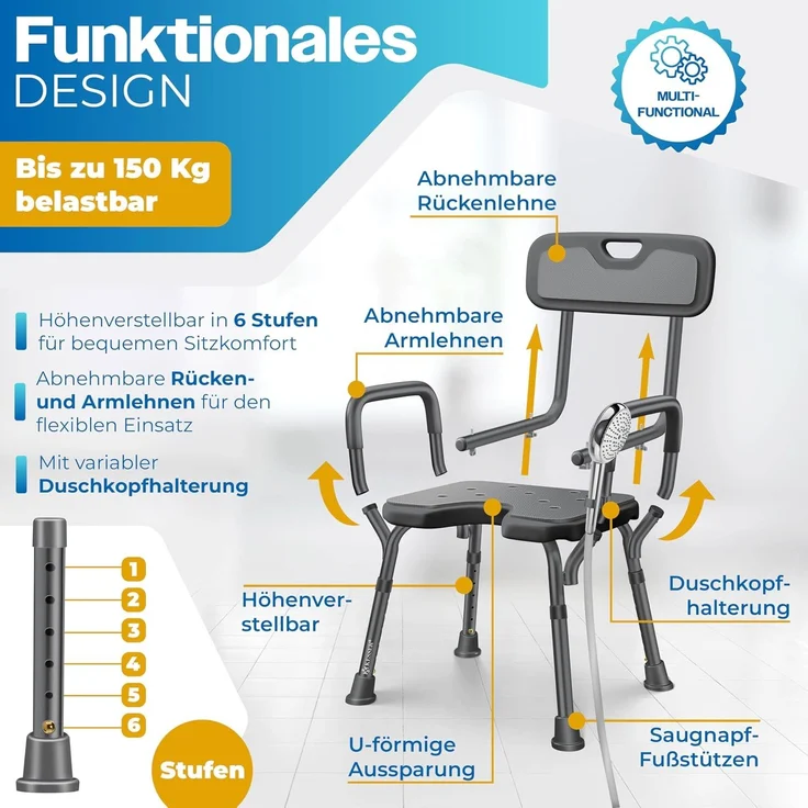 KESSER® Duschhocker mit Lehne höhenverstellbar in 6 Stufen 38-54cm | Badhocker 150KG belastbar Duschstuhl Anti-Rutsch Füße & Matten | Duschhilfe Senioren & Schwangere Duschsitz mit Brausehalterung Anthrazit – Bild 4