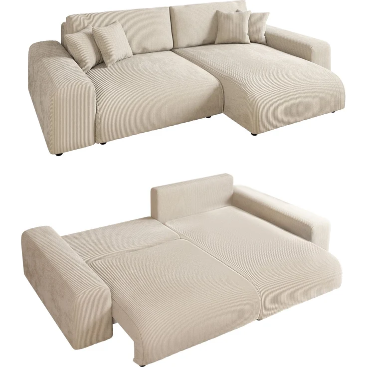 Ecksofa Schlaffunktion ausziehbar Bettkasten Polsterecke L-Couch in Cord Beige – Bild 1